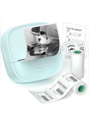 Mini Thermal Printer Mint Green/Ice Blue  Cord & 2 Rolls Paper Photos Stickers